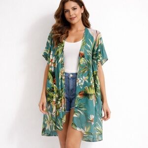 Vince Camuto  Tropical Print Open Front Kimono Cover-Up Green Teal One Size